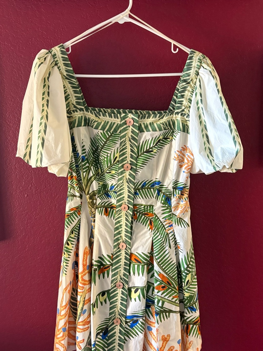 Cream Midi Dress with Green Palm Print and Button-Front Detail